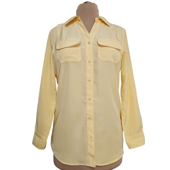 D & Co Top Womens XXS Button Front Long Sleeve Chest Pockets Yellow Minimal - Picture 1 of 11